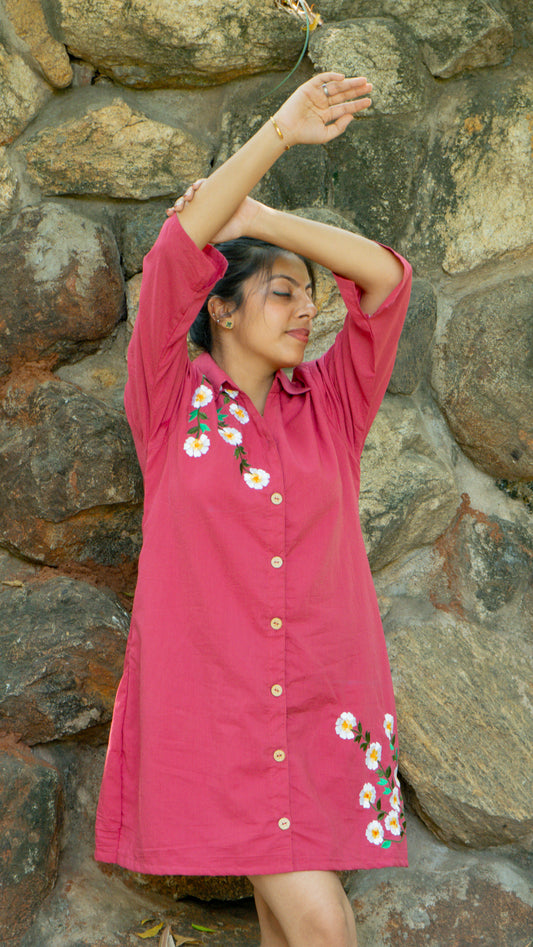 BERRY PINK EMBROIDERED SHIRT DRESS