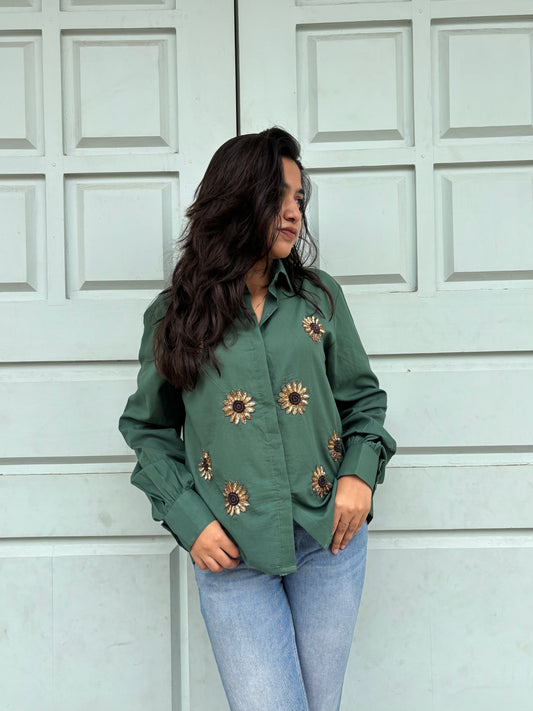 Embroidered Sunflower Forest Green Cotton Shirt