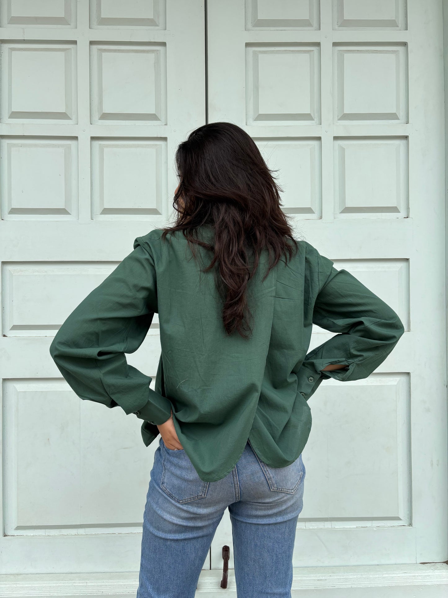 Embroidered Sunflower Forest Green Cotton Shirt