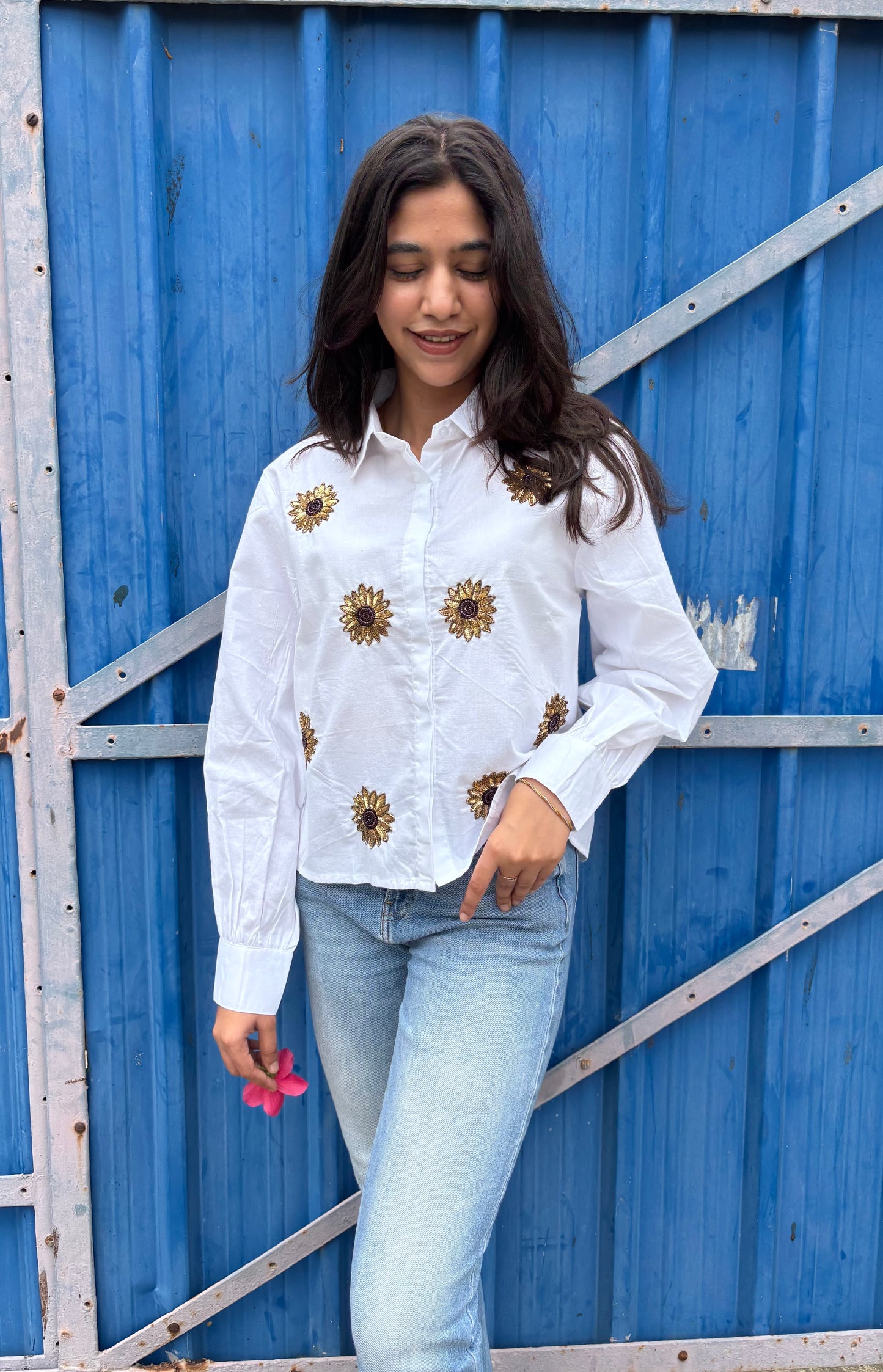 Embroidered Sunflower White Cotton Shirt