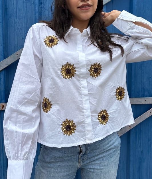 Embroidered Sunflower White Cotton Shirt