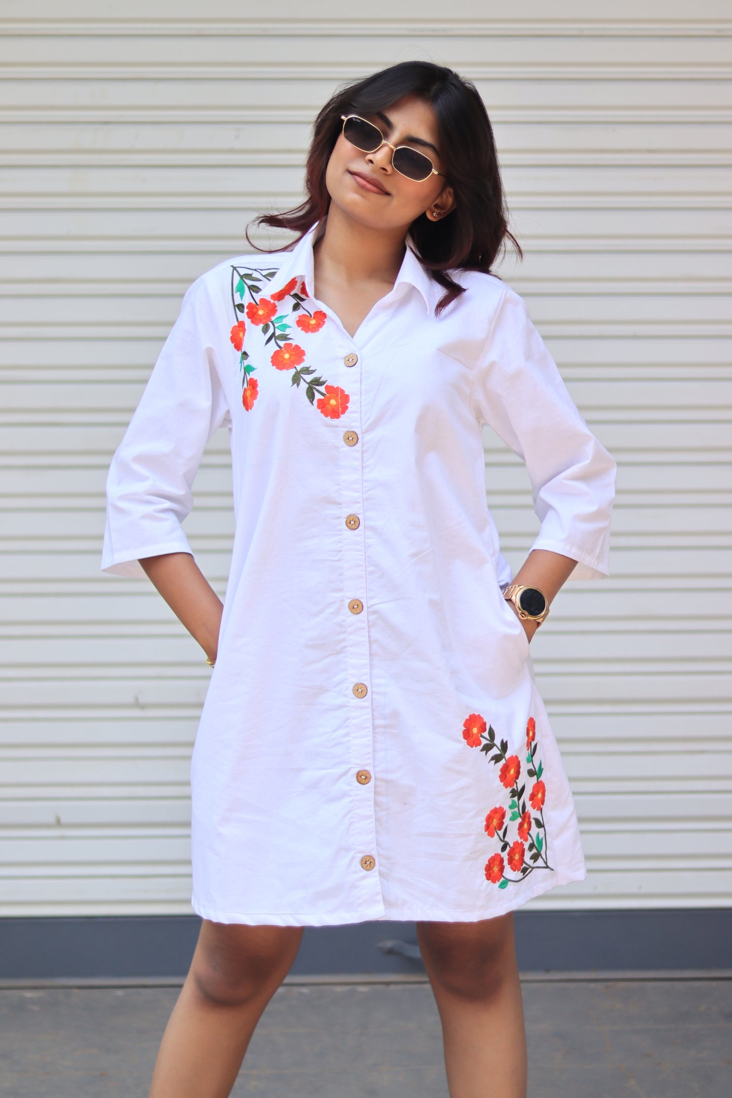 WHITE EMBROIDERED SHIRT DRESS