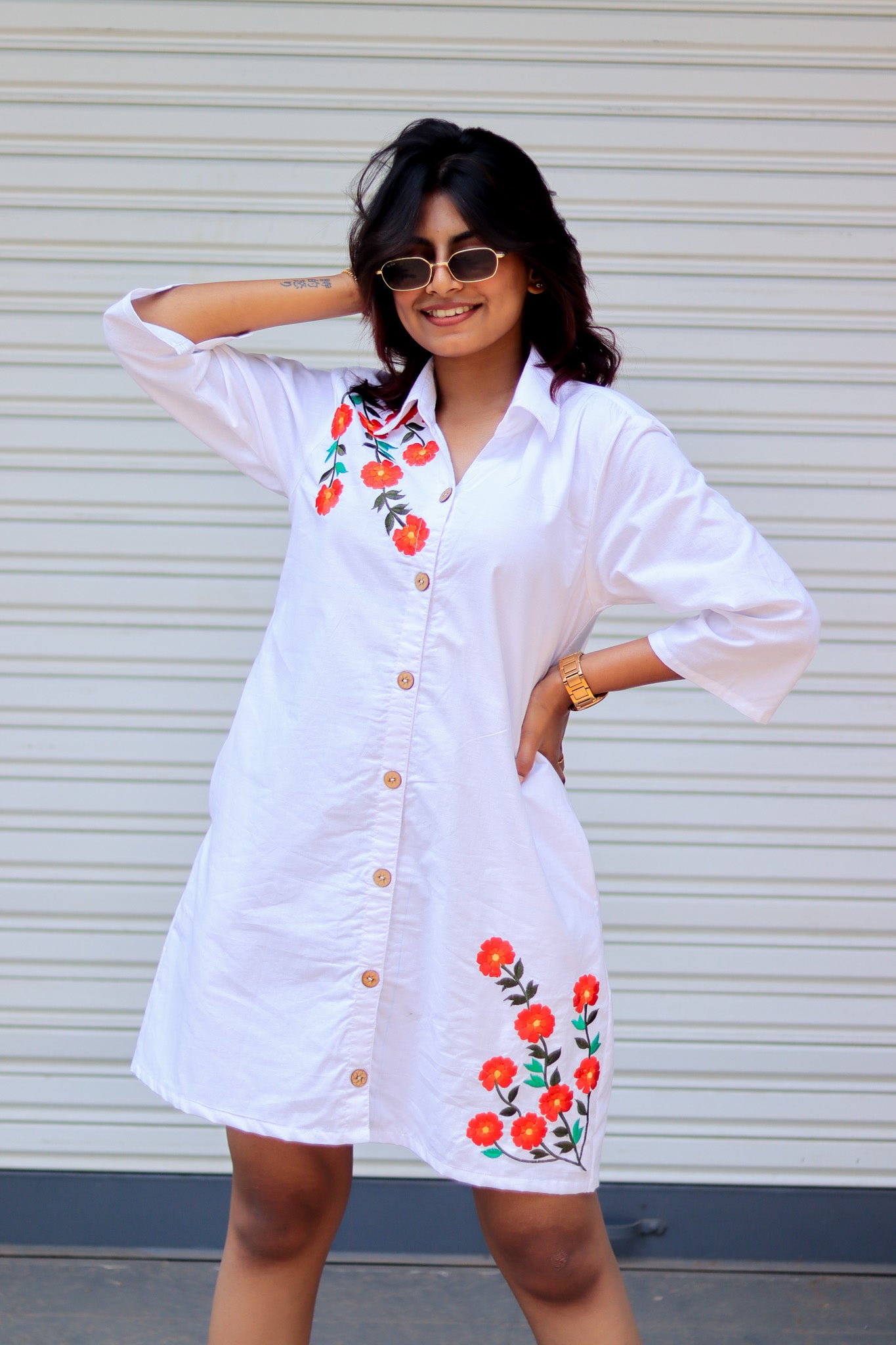 WHITE EMBROIDERED SHIRT DRESS