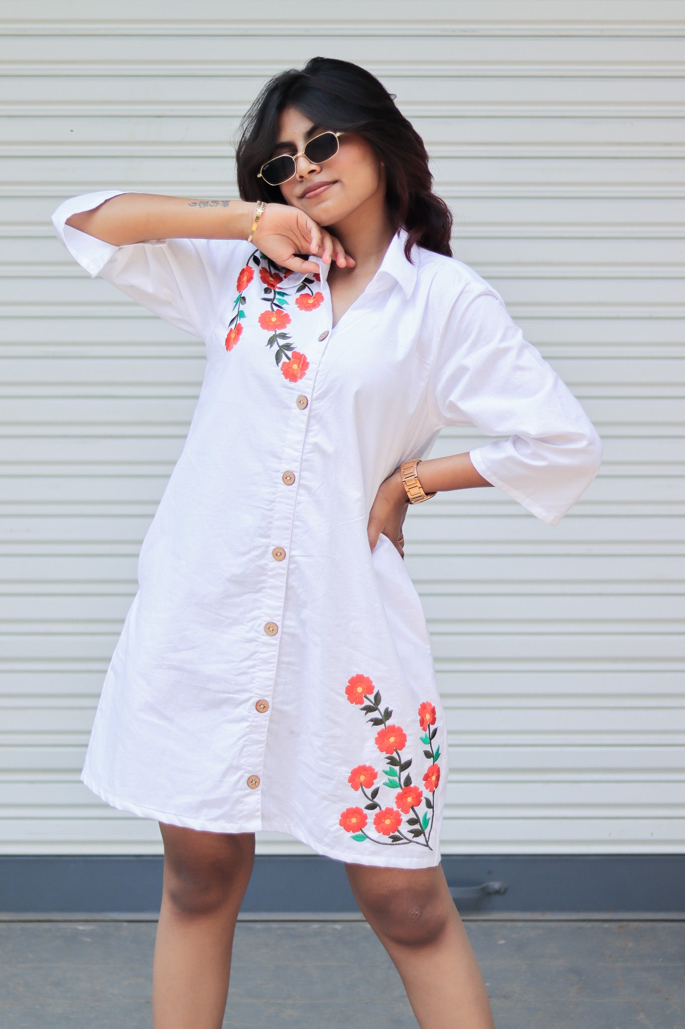 WHITE EMBROIDERED SHIRT DRESS