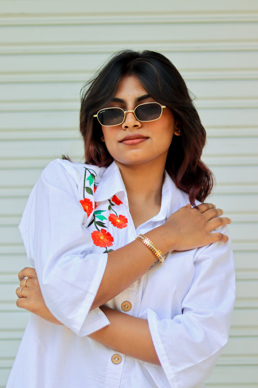 WHITE EMBROIDERED SHIRT DRESS