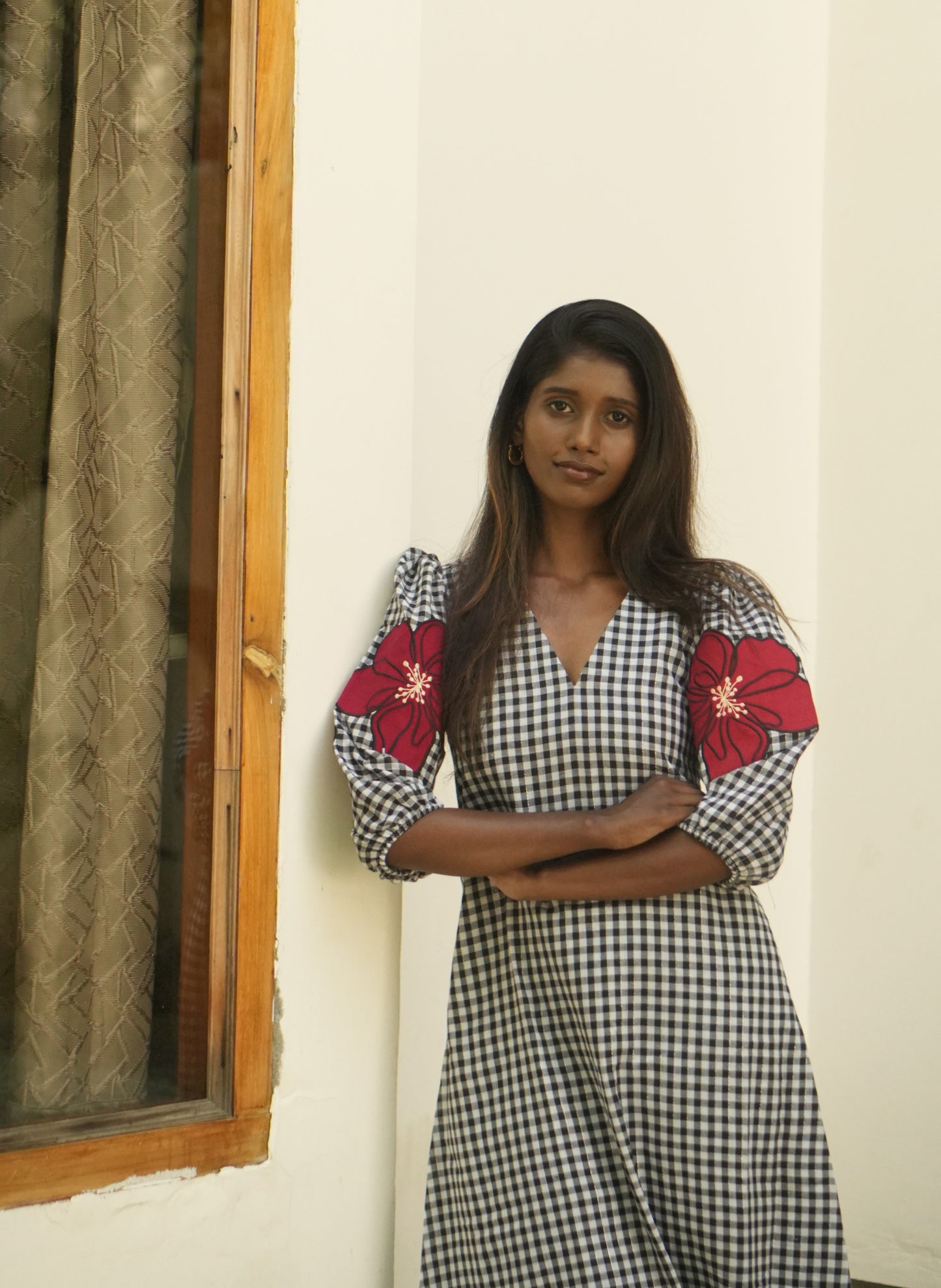 Noir Bloom Sleeve Appliqué Dress