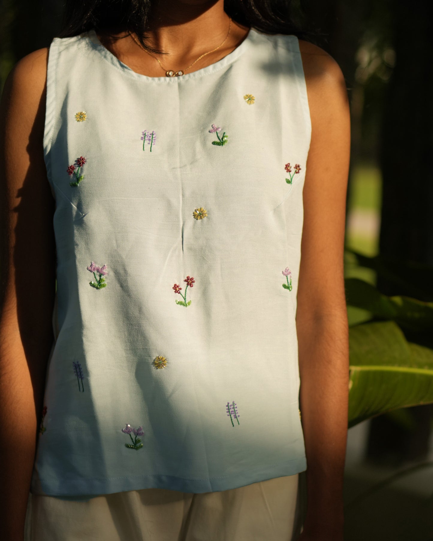 Powder Blue Floral Hand-Embroidered Top