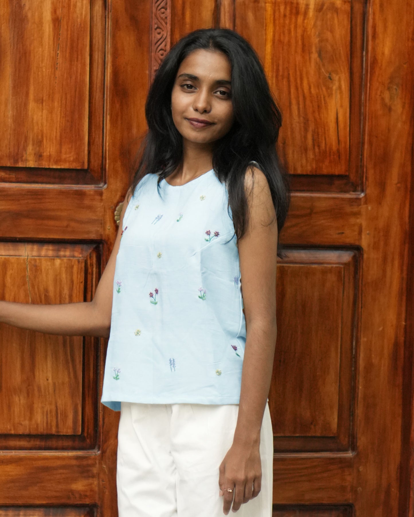 Powder Blue Floral Hand-Embroidered Top