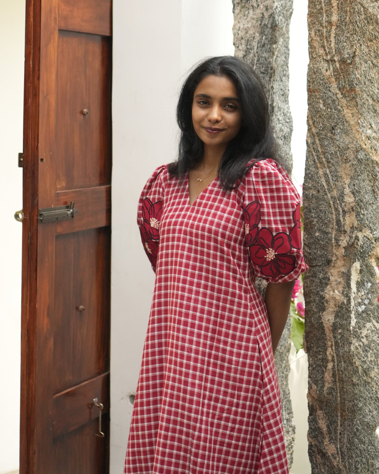 Crimson Bloom Sleeve Dress