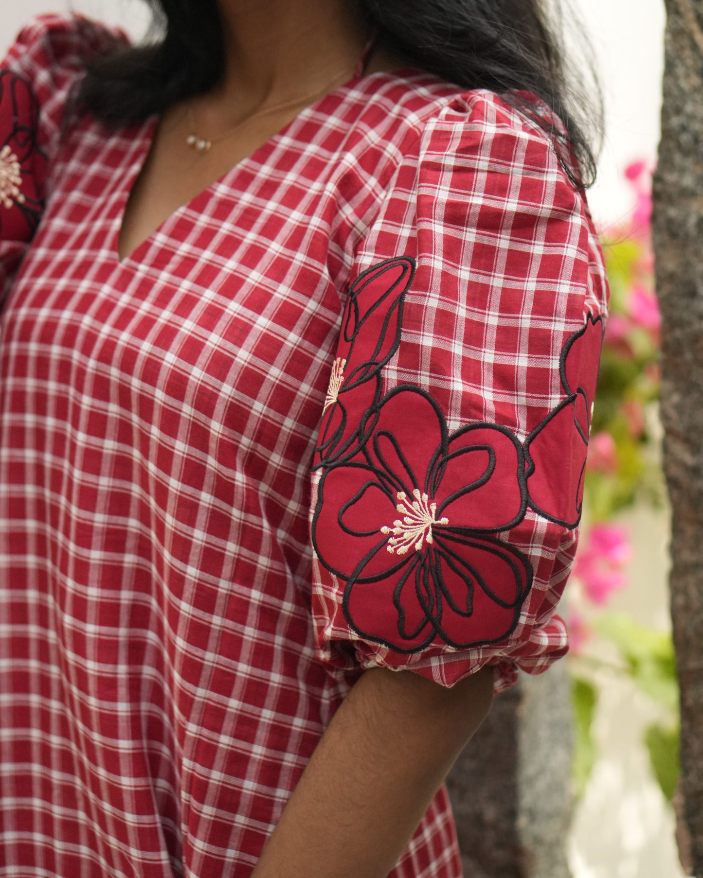 Crimson Bloom Sleeve Dress