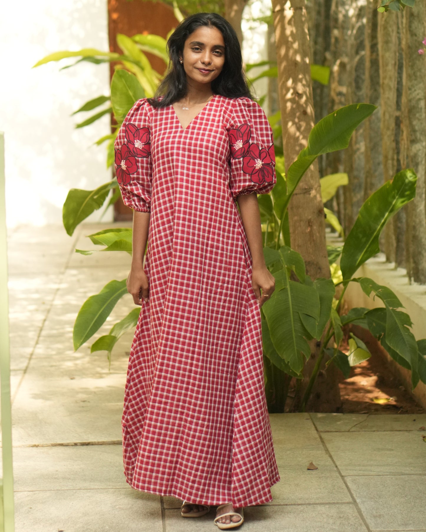 Crimson Bloom Sleeve Dress