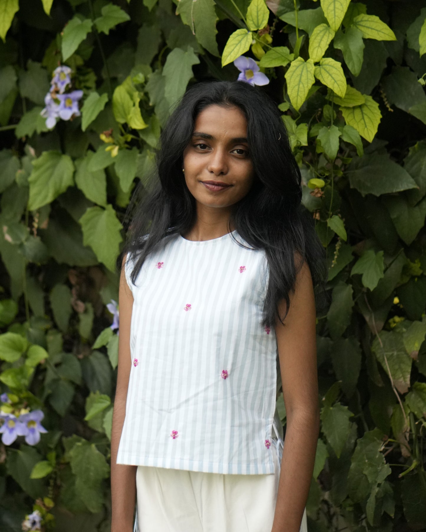 Bluebell Stripe Hand-Embroidered Top